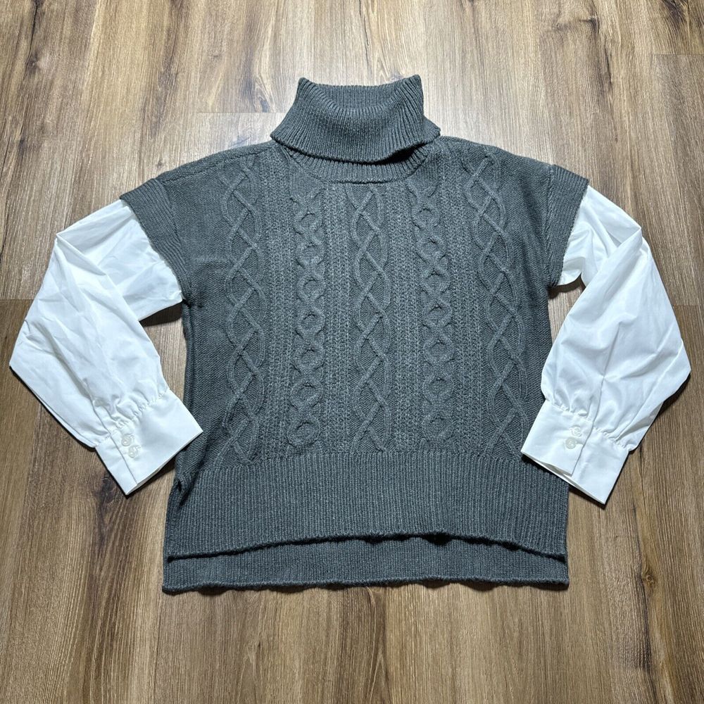 Anthropologie Size Large Layered Cable-Knit Turtleneck Sweater Tee Gray White